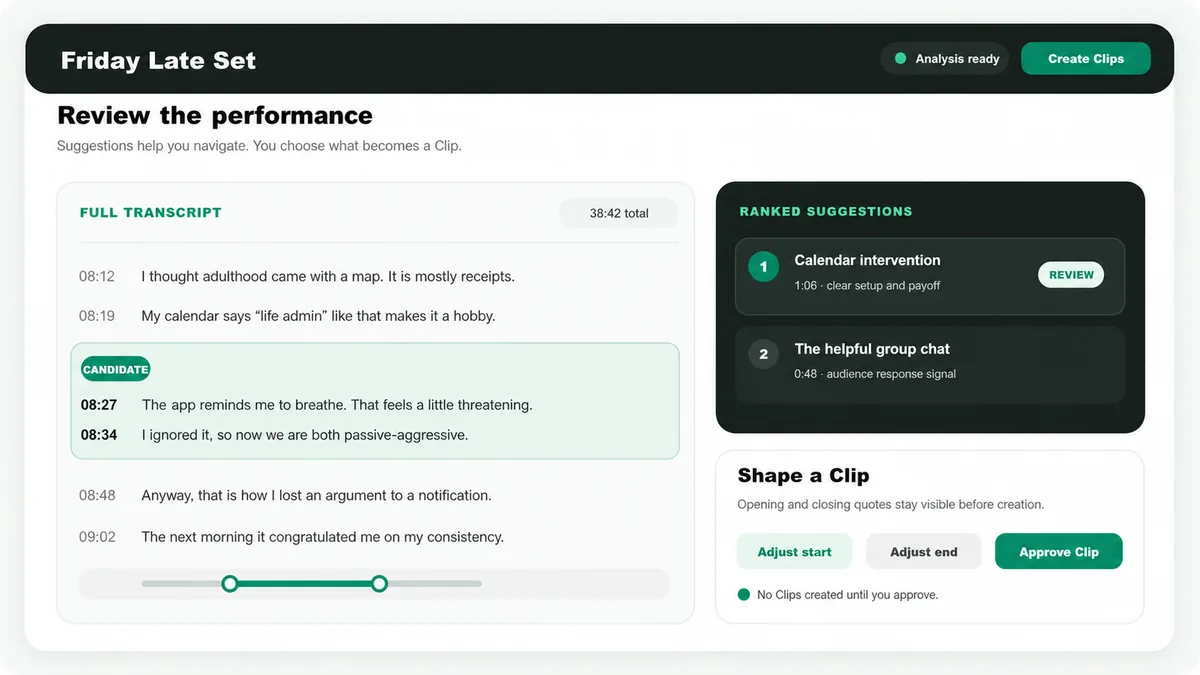Set review workspace with clip suggestions and transcript boundaries